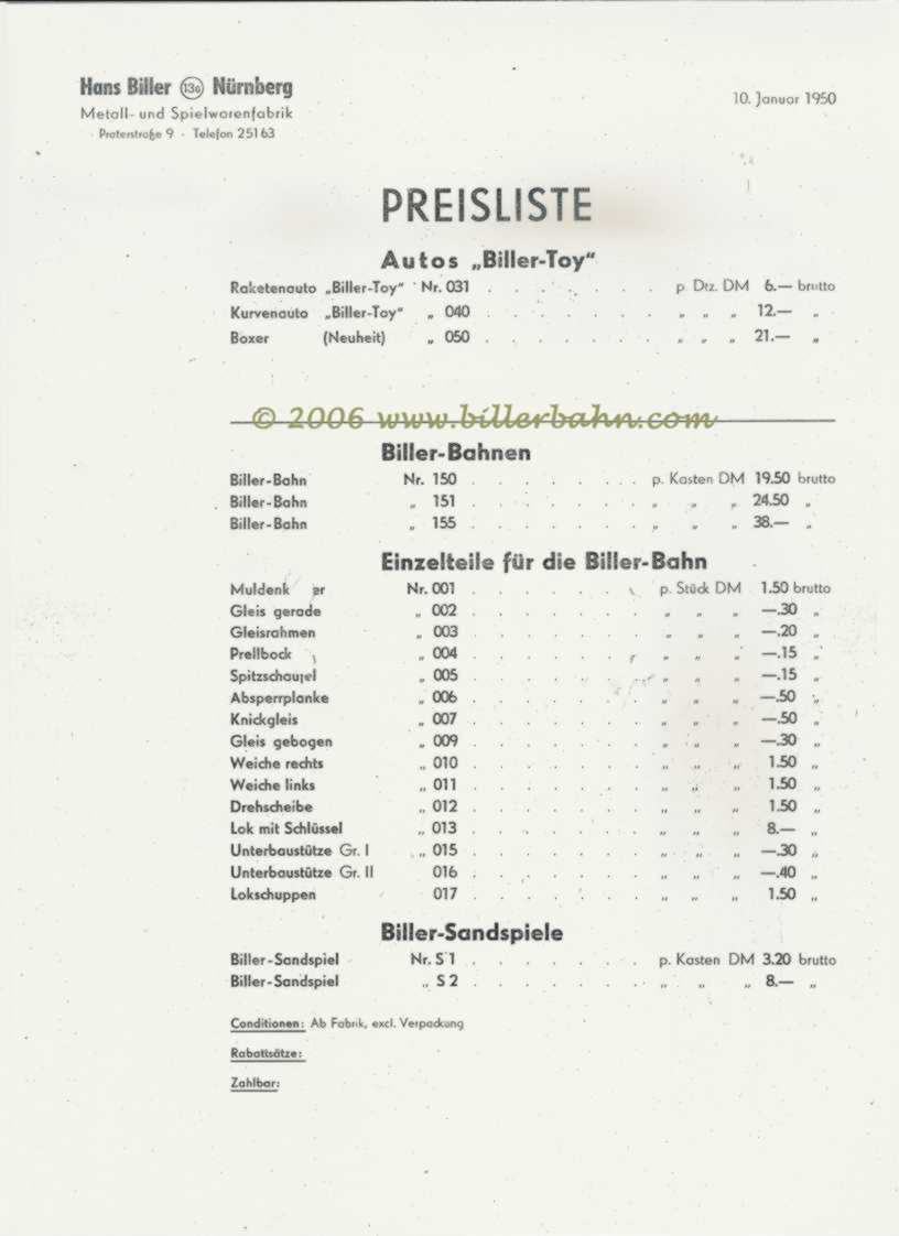 Preisliste 1949/50 vom Januar 1950